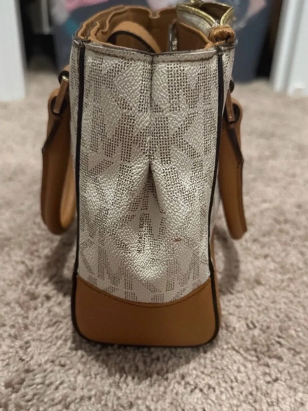 Michael Kors Cream Logo Canvas Satchel with Brown Trim